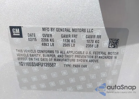 2015 Chevrolet Impala 2Lz из США, поврежденный, VIN 1G1165S34FU126587